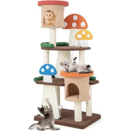 Mushroom Cat Tree, Full-Wrapped Sisal Posts, Scratching Boards & Interactive Balls, Multi story cute cat tower
